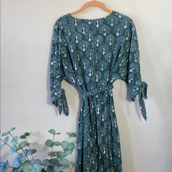 Mirth Handmade Cotton Peacock Print Midi Dress Tie Sleeve Belted Large Boho - Picture 6 of 7